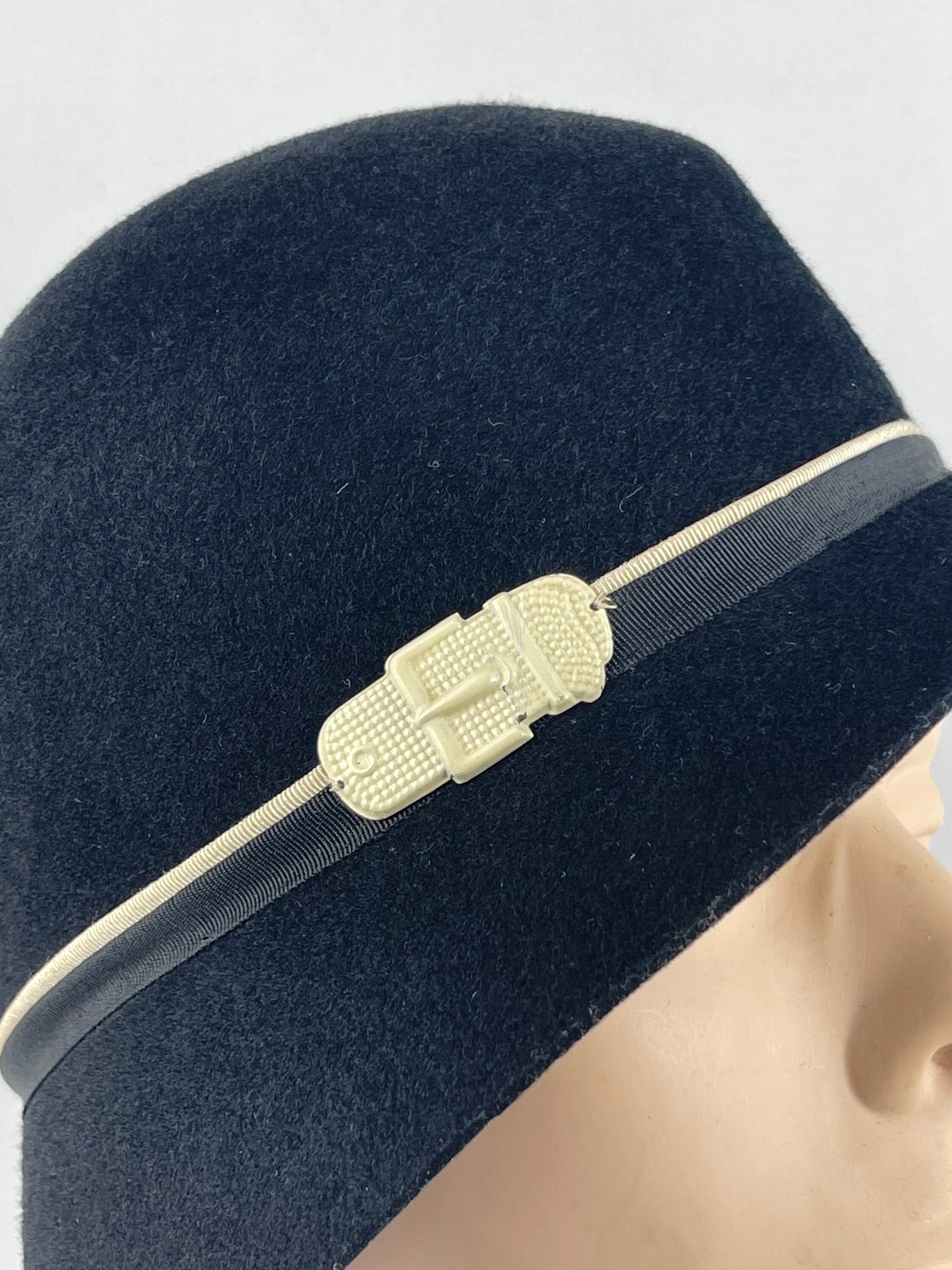1930s True Vintage Black Cloche Style Felt Hat With Metal Studded Accents Deco Black Cloche Hat, 1930s Look, Handmade Hat, Upcycled Silk  main image 2