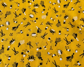 JoAnn Fabric with Sewing Notions in Black and White on Yellow - 100% Cotton Dressmaking or Quilting Fabric - 42" x 38"