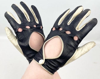 Original 1960's Midnight Blue and Cream Kid Leather Driving Gloves with Popper Fastening