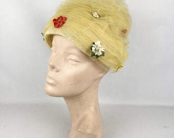 Original 1950's Lemon Yellow Net Hat with Pretty Floral Applique in Red, Yellow, White and Green