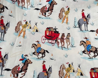 Cowboy Country by Riley Blake - Cowboy Themed Print with Horses and Wagons on Cream - 100% Cotton Dressmaking or Quilting Fabric - 42" x 70"