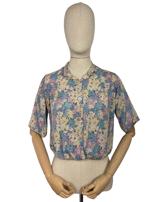 Original 1930's Pure Silk Blouse in Muted Floral … - image 1