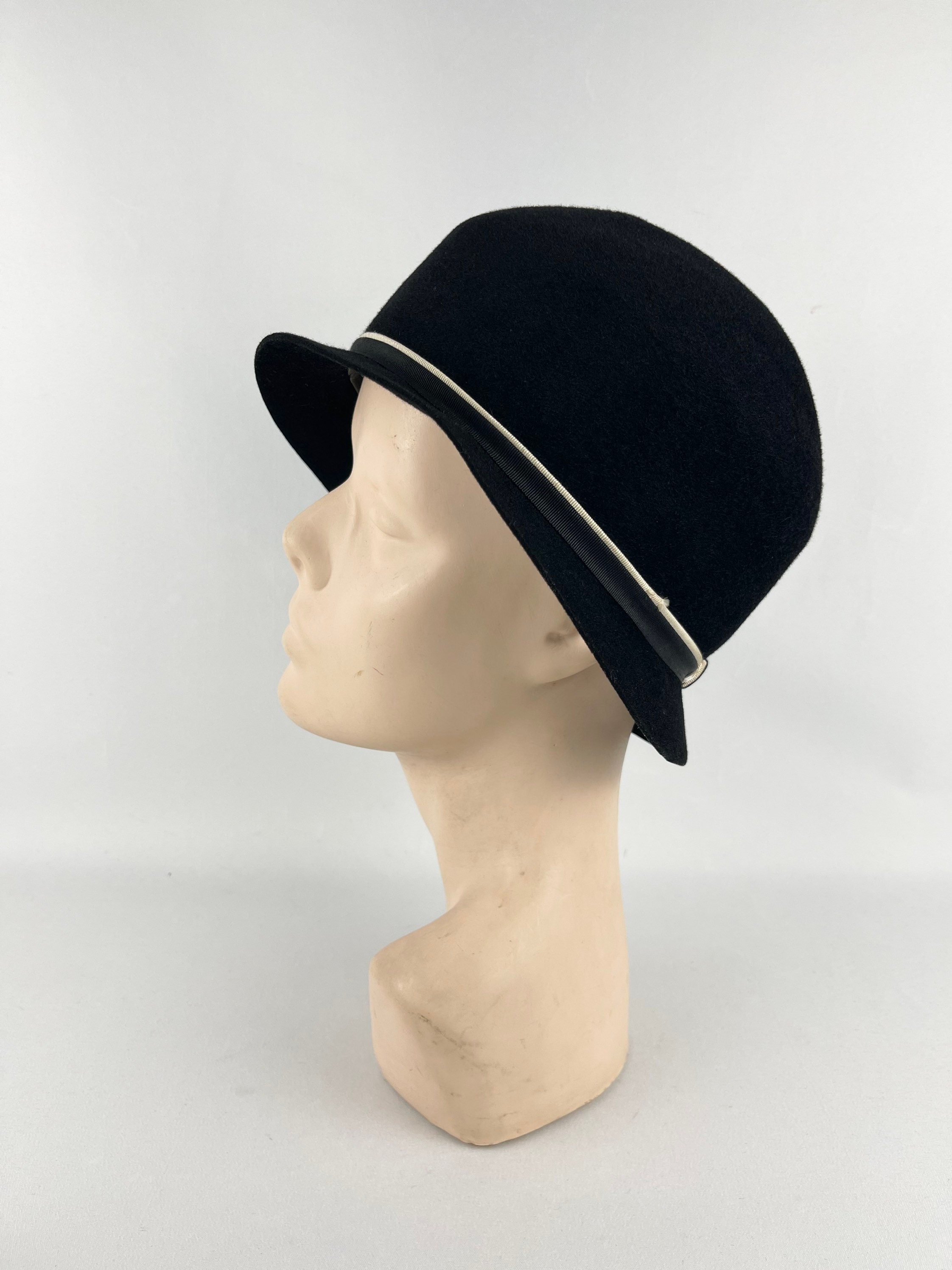 1930s True Vintage Black Cloche Style Felt Hat With Metal Studded Accents Deco Black Cloche Hat, 1930s Look, Handmade Hat, Upcycled Silk  main image 4