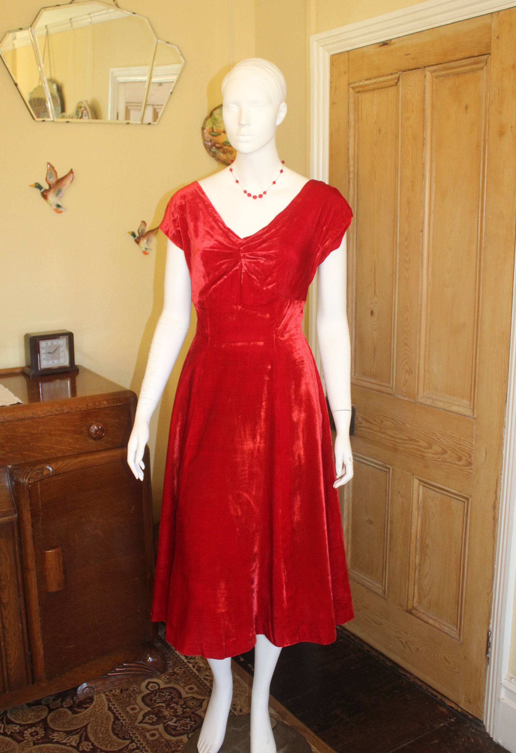 1940s Bright Red Velvet Cocktail Dress UK 8 | Etsy