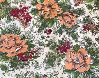 Original 1940's White, Peach, Pink and Green Silk Crepe Floral Dressmaking Fabric with Roses - 35" x 140"