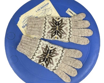 Vintage Pure Wool Fair Isle Gloves in Brown, Cream and Yellow