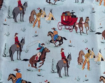 Cowboy Country by Riley Blake - Cowboy Themed Print with Horses and Wagons on Blue - 100% Cotton Dressmaking Fabric - 42" x 70"