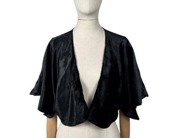 Original 1930's Inky Black Cotton Velvet Bolero with Huge Sleeves - Bust 34 36 38 *