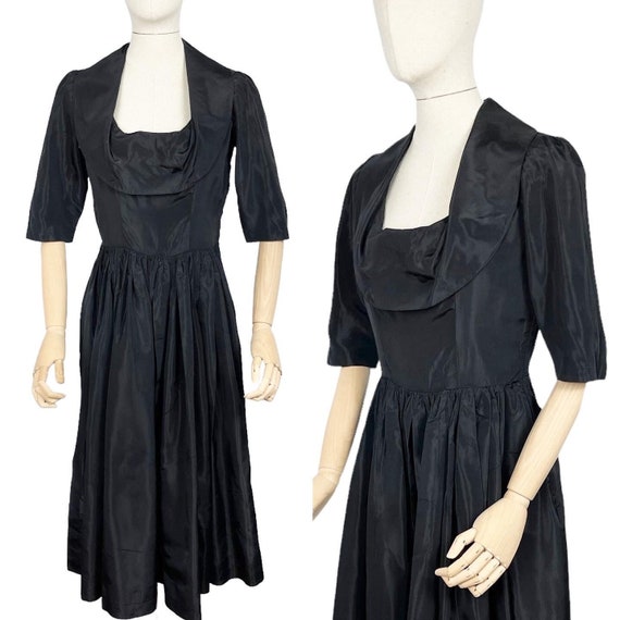 Original 1950's Inky Black Taffeta Cocktail Dress… - image 1