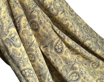 Original 1930's 1940's Yellow and Navy Blue Paisley Pure Silk Dressmaking Fabric - 35" x 100"