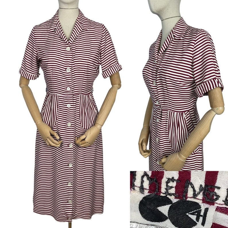 Original 1940s CC41 Burgundy and White Floppy Cotton Day Dress with Pockets Bust 36 image 1