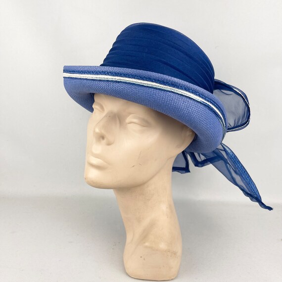 Original 1960's Cornflower Blue Straw Hat with Ov… - image 3