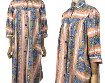 Original 1950's Wounded But Wearable Bright Floral Cotton Dressing Gown - Bust 38 40
