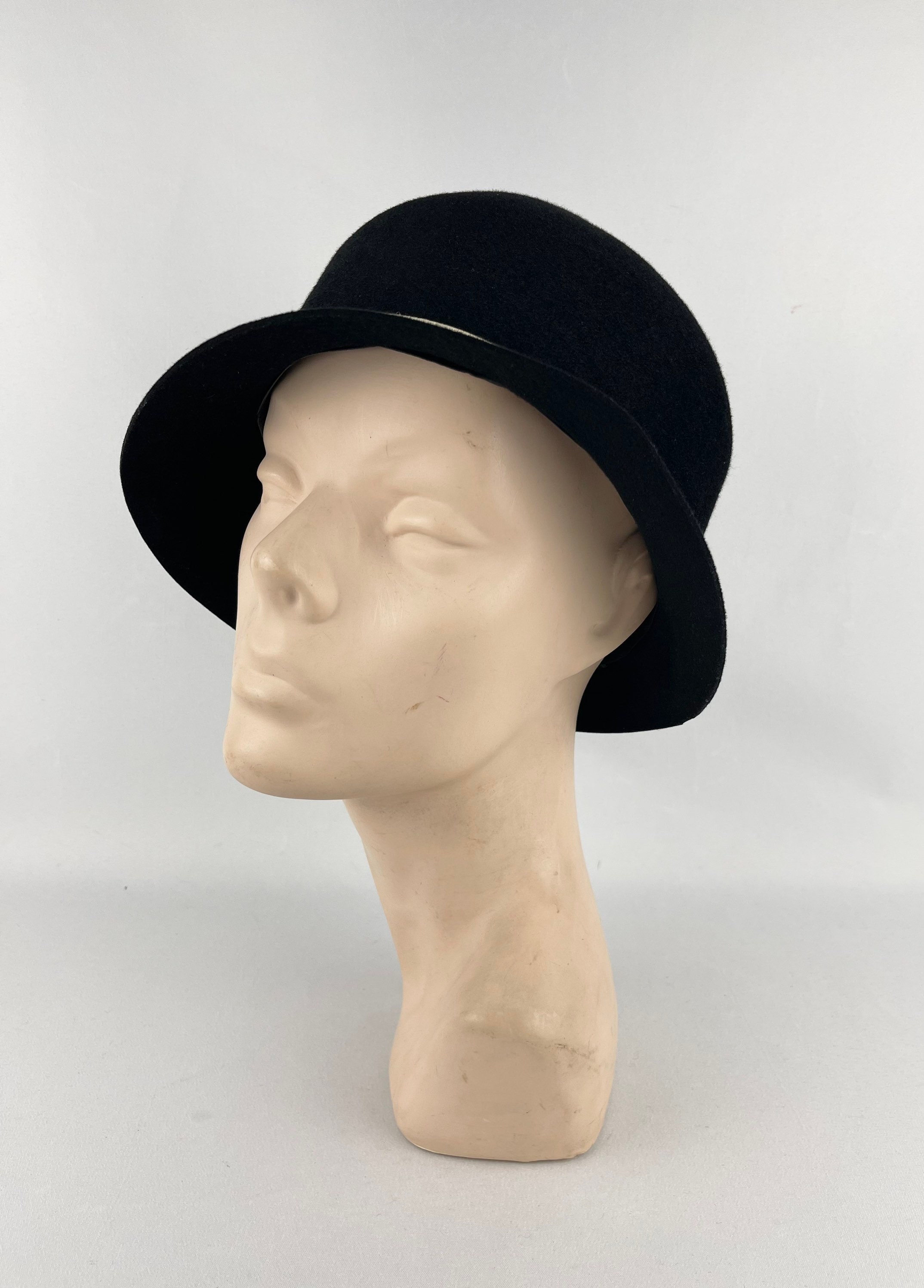 1930s True Vintage Black Cloche Style Felt Hat With Metal Studded Accents Deco Black Cloche Hat, 1930s Look, Handmade Hat, Upcycled Silk  main image 3