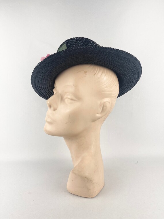 Original 1930s or 1940s Black Straw Hat with Pret… - image 3