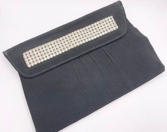 Original 1950's Black Crepe Clutch Bag with Clear Claw Set Paste Trim by RFC