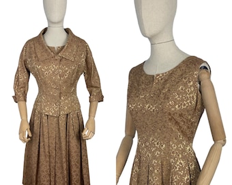 Original 1950's Gold Dress and Jacket Set with Silk Embroidery - Bust 38"