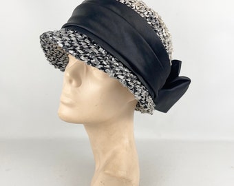 Original 1960's Grey and Black Raffia Hat with Wide Satin Trim by Paris Inspired! Frenchi by Edna Wallace