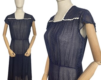 Charming Original Late 1930's or Early 1940's Sheer Navy and White Swiss Dot Dress with Ric-rac Trim - Bust 34 36