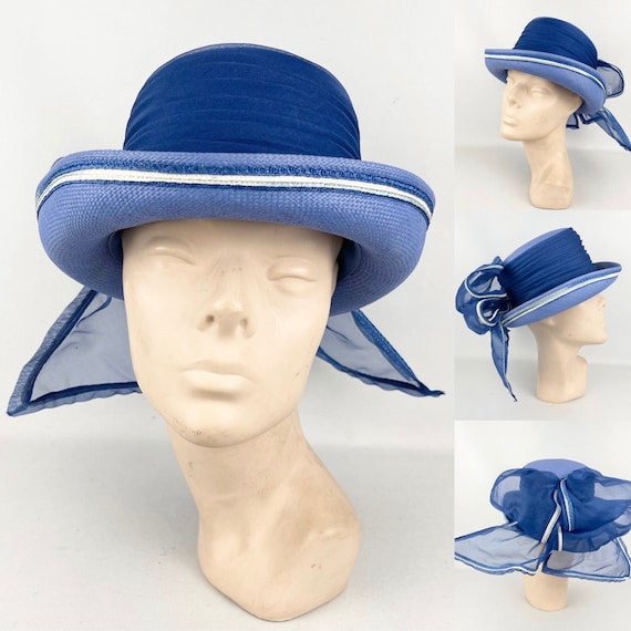 Original 1960's Cornflower Blue Straw Hat with Ov… - image 1