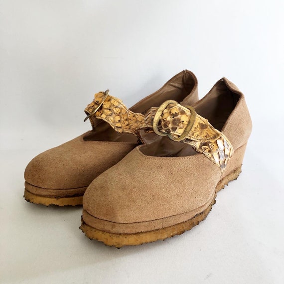 1940's Suede and Snakeskin Wedge Shoes - Vintage -