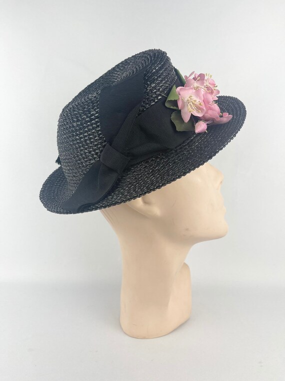 Original 1930s or 1940s Black Straw Hat with Pret… - image 5