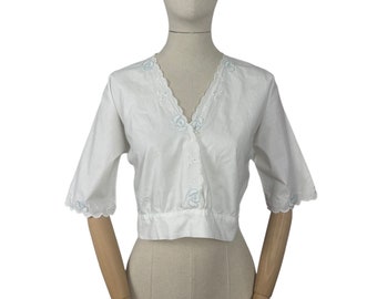 Beautiful Antique White Cotton Chemise Top or Corset Cover with Silk Hand Embroidery and Mother of Pearl Button - Bust 38