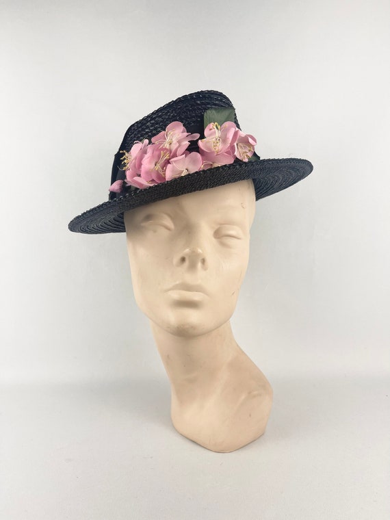 Original 1930s or 1940s Black Straw Hat with Pret… - image 2