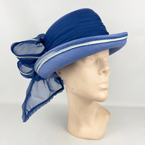 Original 1960's Cornflower Blue Straw Hat with Ov… - image 7