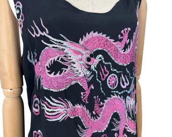 Original 1920's Black Pure Silk Top with Vibrant Silk Embroidery of Chinese Dragons in Pink and Blue - Bust 36