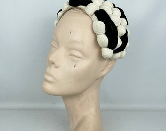 Original 1950's Black and White Straw Bobble Hat with Velvet Trim