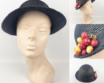 Original 1930s Black Straw Cloche Hat with Charming Cherry Trim