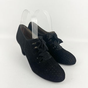 Original 1940's CC41 Deadstock Styl-EEZ Black Suede Lace Up Shoes Narrow UK 4 image 7