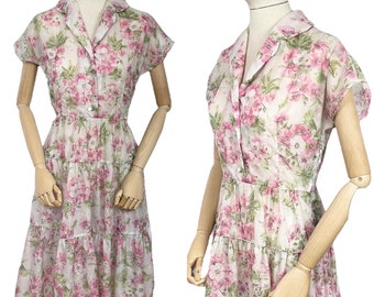 Original 1950’s Nylon Floral Dress with Pink Roses Print - Bust 36 38