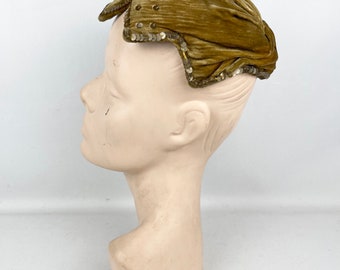 Original 1950's Padded Clam Shell Hat in Old Gold Velvet and with Sequin Trim