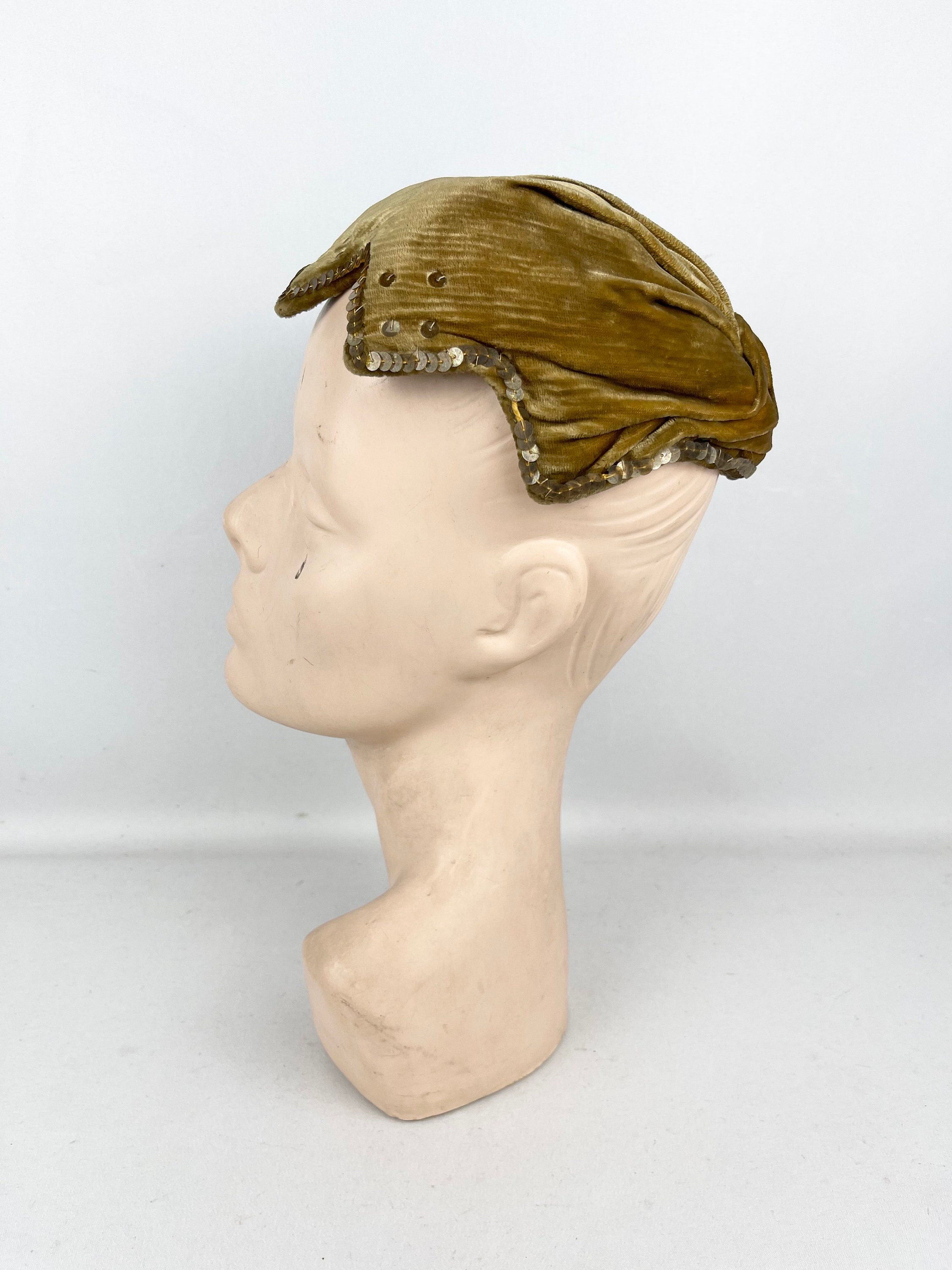 Original 1950's Padded Clam Shell Hat in Old Gold Velvet and with Sequin Trim