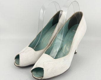 Original 1940's 1950's Dolcis Debutante de Luxe White Leather Peeptoe Heels - UK 5.5 6