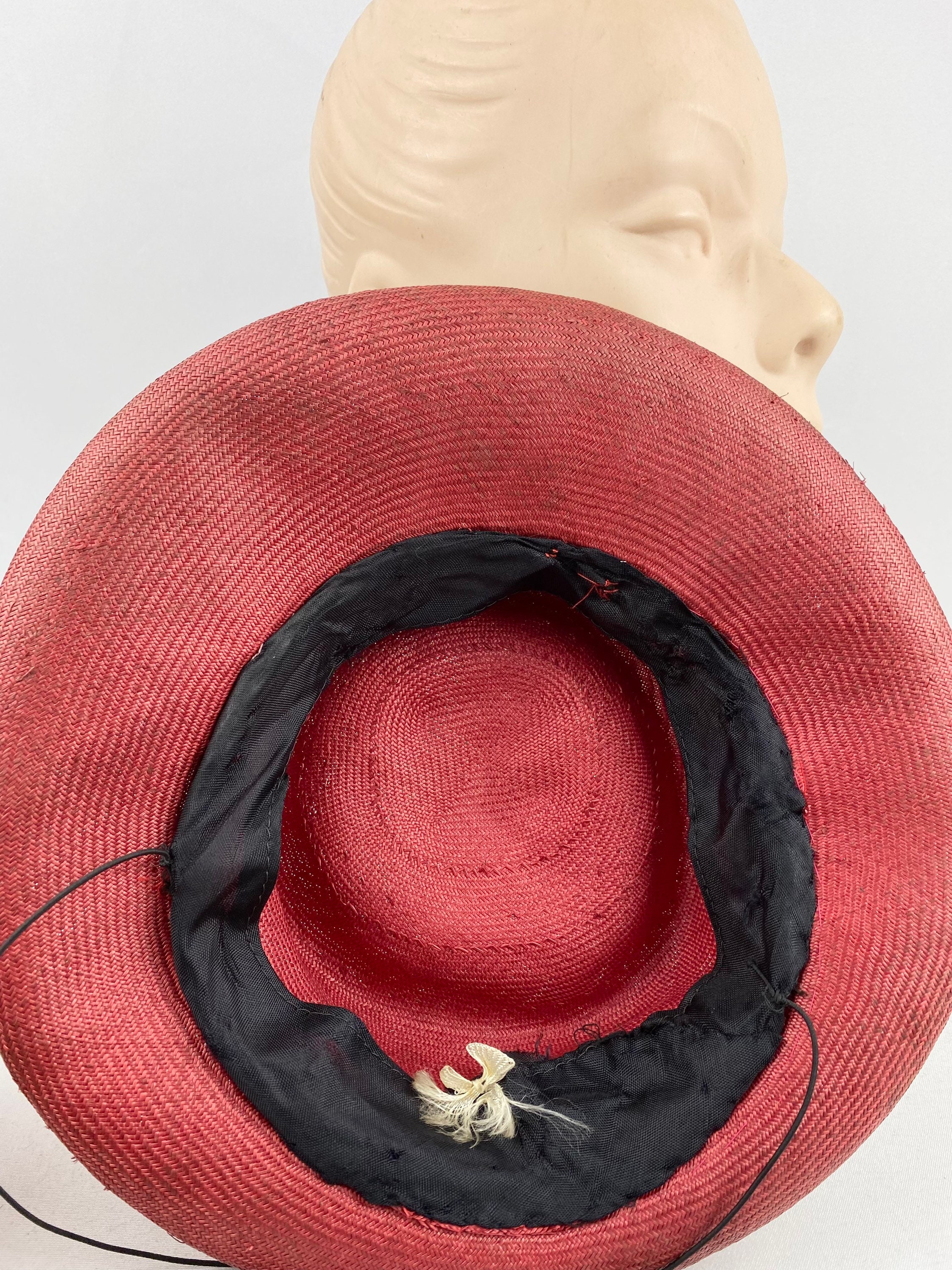 Original 1940s Rusty Red Summer Straw Hat with Fruit and Leaves Trim