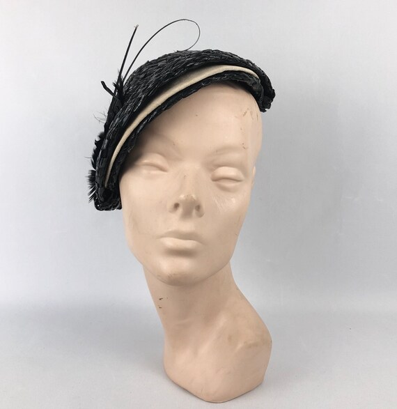 1930s Black and White Lacquered Straw Hat with Fea