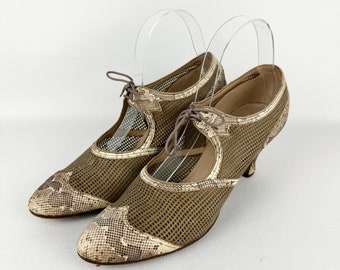 Original 1930's Snakeskin and Mesh Brown and Cream Lace Up Shoes - Size 5 5.5 Narrow