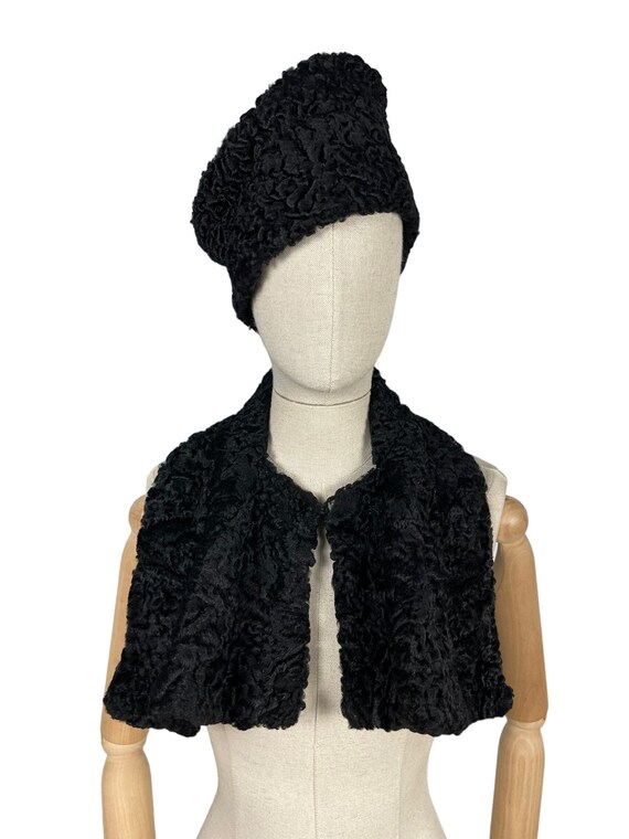 Original 1930's Black Astrakhan Hat and Scarf - R… - image 1