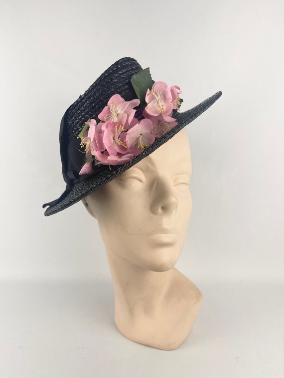 Original 1930s or 1940s Black Straw Hat with Pret… - image 6