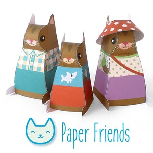 DIY papercraft kit, Cat family playset, Pdf paper toy, printable pretend play, Instant Download, paper kitties, animal toys