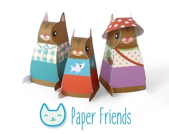 DIY papercraft kit, Cat family playset, Pdf paper toy, printable pretend play, Instant Download, paper kitties, animal toys