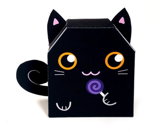 Printable Halloween favor box, Cat paper craft kit, DIY instant download