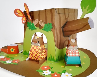 DIY paper toy squirrel playset, DIY papercraft kit, treehouse playset, Pdf papertoy, Instant download, Printable paper toy, DIY pretend play