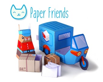 DIY papercraft kit, postman playset, pdf paper toy, Instant Download