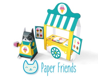 DIY papercraft kit, Ice cream stand playset, Pdf paper toy, printable pretend play, Instant Download, paper racoon, ice cream toy