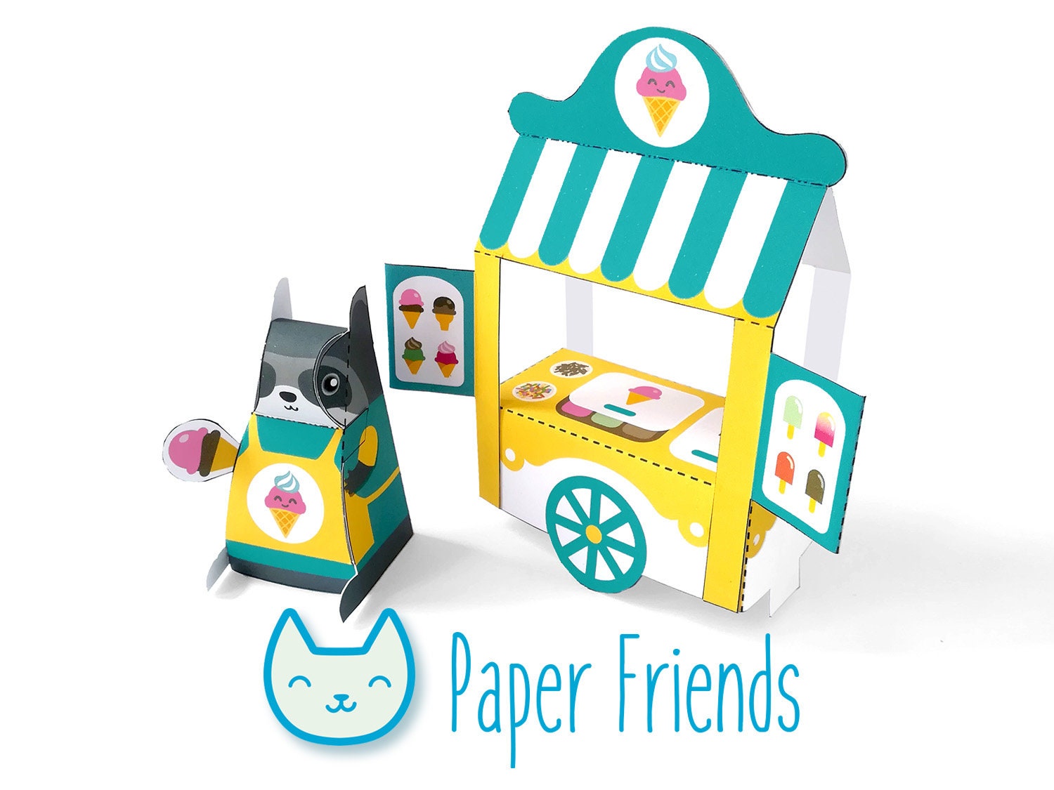 DIY papercraft kit, Ice cream stand playset, Pdf paper toy, printable pretend play, Instant Download, paper racoon, ice cream toy