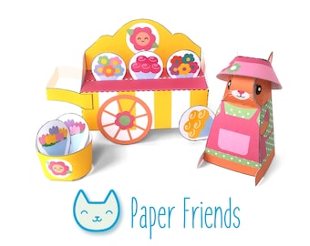 DIY papercraft kit, Flower cart playset, Pdf paper toy, printable pretend play, Instant Download, paper cat, paper flowers